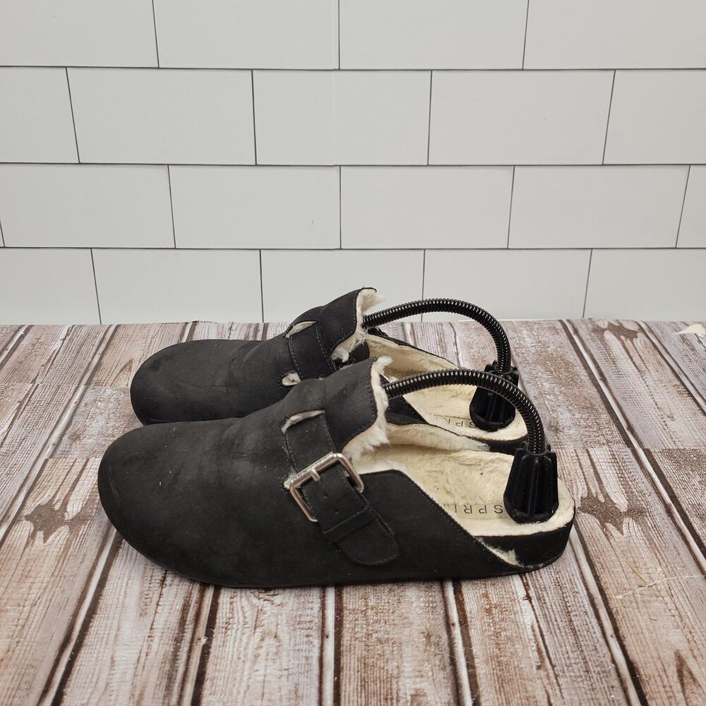 Esprit Black Faux Suede Buckle Clog Slippers Faux Fur Lined Women'S 9.5